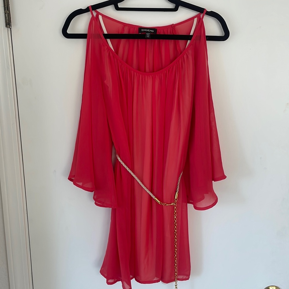 BEBE coral cold shoulder dress with belt XXS